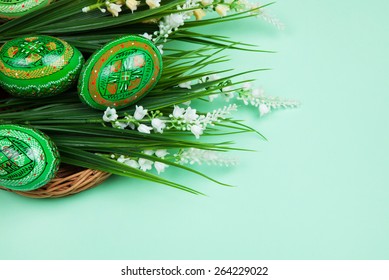 Green Easter Eggs on green Background