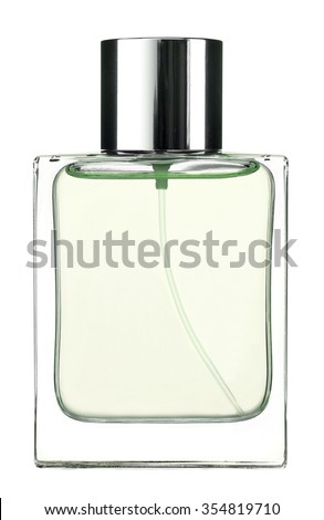 Green Eau de cologne / studio photography of the modern perfume bottle - isolated on white background