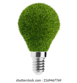 Green Eco Lightbulb Made Of Grass. Isolated On White. Eco-friendly Future Concept