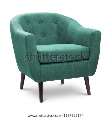 Green, emerald color armchair. Modern designer chair on white background. Textile chair.