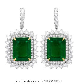 Green Emerald Drop Earrings in a double halo setting with round White Diamonds - Shutterstock ID 1870078531