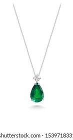 Green Emerald Gemstone  With Diamond Pendant Necklace Isolated On White