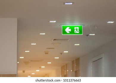 Green Emergency Exit Sign In Hospital Showing The Way To Escape
