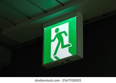 a green emergency sign with an icon of a person running towards the exit. This sign is used to indicate the direction of emergency exits in emergency situations such as fire or evacuation.