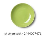 Green empty plate isolated on white background with clipping path, top view, flat lay.