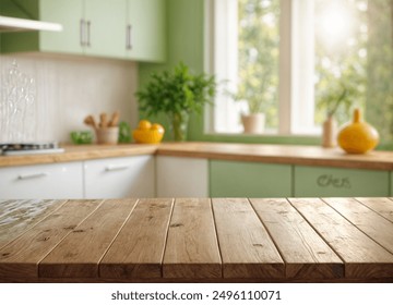 Green Empty wooden table with the bright white interior of the kitchen as a blurred background behind the bokeh golden sunshine - Powered by Shutterstock