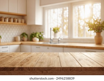 Green Empty wooden table with the bright white interior of the kitchen as a blurred background behind the bokeh golden sunshine - Powered by Shutterstock