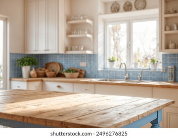 Green Empty wooden table with the bright white interior of the kitchen as a blurred background behind the bokeh golden sunshine - Powered by Shutterstock