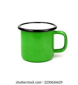 Green enamel cup on white background isolation. - Shutterstock ID 2230636629