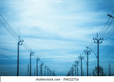 Green energy concept, Electricity station, Close up high voltage power lines at sunset. electricity distribution station. high voltage electric transmission pylon silhouetted  tower.