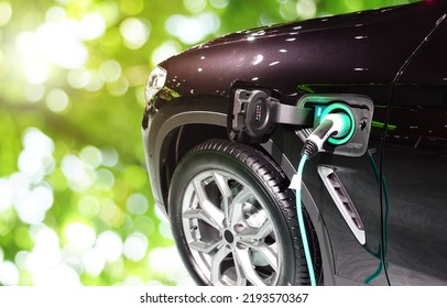 Green Energy Eco Concept. Electric Car Power Cable Plugged Into Car Charging Station Booth Futuristic Modern Technology Loading Electricity Energy, Idea Nature Electric Energy To Generate Electricity.