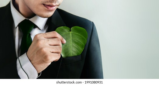 Green Energy, ESG, Renewable and Sustainable Resources. Environmental and Ecology Care Concept. Close up Businessman holding a Heart Shape Green Leaf in Pocket
