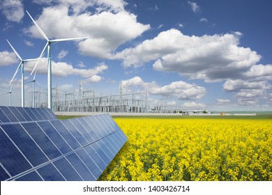 Green energy and transformer substation in a natural environment with blue sky and yellow field
 - Powered by Shutterstock