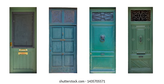 Green entrance front door isolated on white. Colorful classic ancient wooden streetdoor with windows. - Powered by Shutterstock