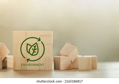 Green Environment Concept On Wood Block In Circular Economy Business, Recycling, Environment, Reuse, Production, Waste, Consumers, Resources, Sustainable Development.