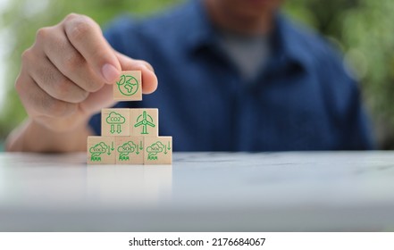 Green Environment Concept On Wood Block In Circular Economy Business, Recycling, Environment, Reuse, Production, Waste, Consumers, Resources, Sustainable Development.