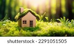 Green and environmentally friendly housing concept. Miniature wooden house in spring grass, moss and ferns on a sunny day. Eco house