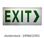 A green EXIT sign is displayed on a white background. The sign is rectangular in shape with the word EXIT in bold green letters and a green arrow pointing to the right. This type of sign is commonly i