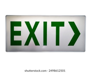 A green EXIT sign is displayed on a white background. The sign is rectangular in shape with the word EXIT in bold green letters and a green arrow pointing to the right. This type of sign is commonly i