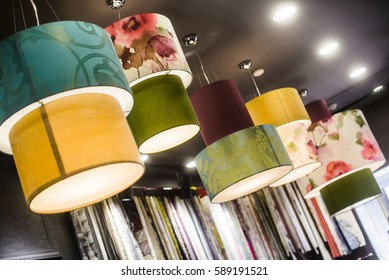 The Green Fabric Lampshade At The Magazine. Colorful, Decorative, Electrical, Furniture, Illumination, Lamp, Lampshade, Style, Textile, Abstract Background, Hanging Lamp, Interior Design