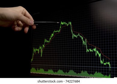 Green Falling Forex Stock Chart On Black Background And Hand With Men Pointing On Maximum Graph Peak