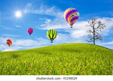 Moon Balloons Spring Green Meadow Nature Stock Illustration 485666956