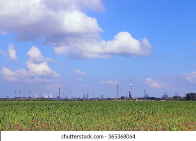 Green Field And Oil Refinery With Pipes And Gas Torch At Summer Sunny Day