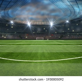 Green Field In Soccer Stadium. Ready For Game In The Midfield