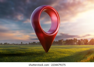 Green field and sunset with destination big red pin location. Concept of goal, dream, end, picnic, victory. mixed media - Shutterstock ID 2234479275