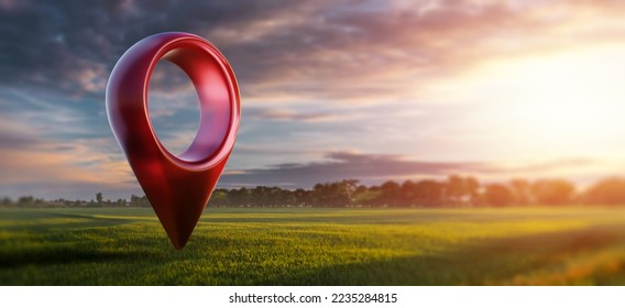 Green field and sunset with destination big red pin location. Concept of goal, dream, end, picnic, victory. mixed media - Shutterstock ID 2235284815