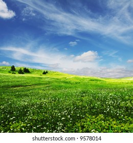 Grünes Feld und weiße Wolken