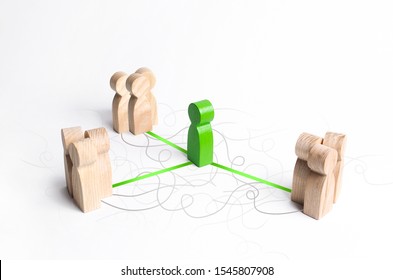 The green figure of a mediator connects three groups of people. Mediation Service. Establishing contact and dialogue, increasing mutual understanding and the effectiveness of the negotiation process.