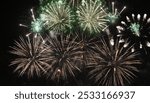 Green Firework celebrate anniversary happy new year 2025, 4th of july holiday festival. Green firework in night time celebrate national holiday. Countdown to new year 2025 festival party time event