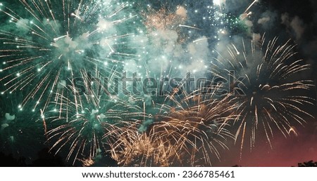 Green Firework celebrate anniversary happy new year 2024, 4th of july holiday festival. Green firework in night time celebrate national holiday. Countdown to new year 2024 festival party time event