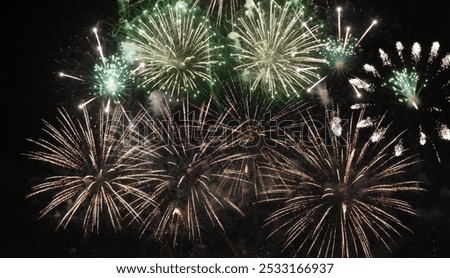 Green Firework celebrate anniversary happy new year 2025, 4th of july holiday festival. Green firework in night time celebrate national holiday. Countdown to new year 2025 festival party time event