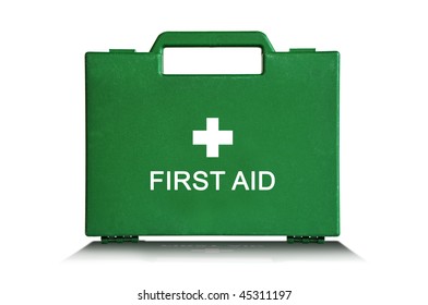 Green First Aid Kit Box Against A White Background