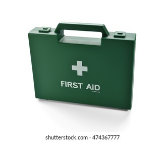 Green First Aid Kit Box Isolated On White Background, Selective Focus. 