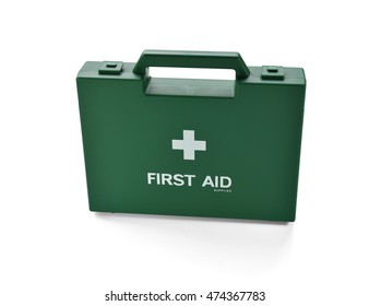 Green First Aid Kit Box Isolated On White Background, Selective Focus. 