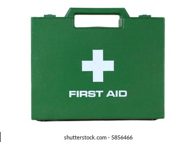 A Green First Aid Kit Box With A Handle On A White Background