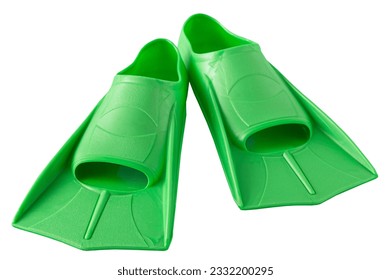 Green flippers for summer swimming in the sea and in the pool. Sports equipment isolated. Flipper paddle cut out. Fins for swim. Isolate on white background