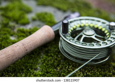 Green Flyrod Resting On Soft Moss