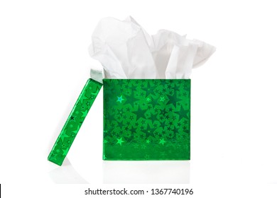 A Green Foil Gift Box With Tissue Paper Inside.