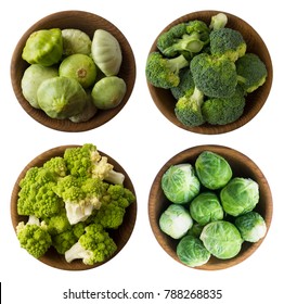 Green Food On A White Background. Green Vegetables Isolated On A White. Collage Of Different Vegetables At Green Color. Brocoli, Roman Cauliflower, Squash And Brussels Sprouts Cabbage In A Wooden Bowl