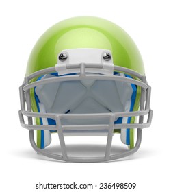 Green Football Helmet Front View With Copy Space Isolated On White Background.