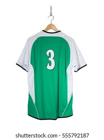 Green Football Shirt Number Three Hanging On Hook And Isolated On White Background