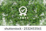 A green forest aerial view features a checkmark, five stars in mist suggesting positive environmental certification. ISO 14001 certified for environmental management systems(EMS). Quality Certificate.