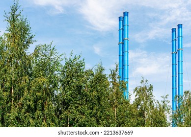 Green Forest And Pipes Of Heating Plant, O2 Versus SO2 Ecosystem Concept.