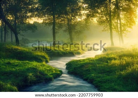 Green forest and forest stream at sunset. 3d rendering