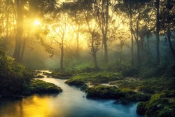 Green Forest In Sunlight With Forest Stream. 3d Rendering