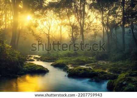 Green forest in sunlight with forest stream. 3d rendering